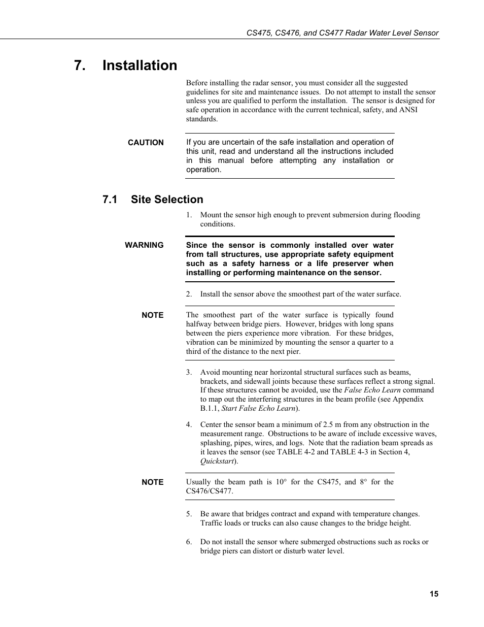 Installation, 1 site selection, Site selection | R (see section 7.1 | Campbell Scientific CS475, CS476, and CS477 Radar Water Level Sensor User Manual | Page 23 / 54