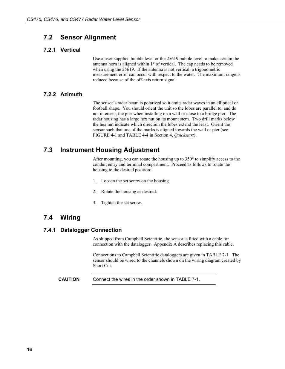 2 sensor alignment, 1 vertical, 2 azimuth | 3 instrument housing adjustment, 4 wiring, 1 datalogger connection, Sensor alignment, Vertical, Azimuth, Instrument housing adjustment | Campbell Scientific CS475, CS476, and CS477 Radar Water Level Sensor User Manual | Page 24 / 54