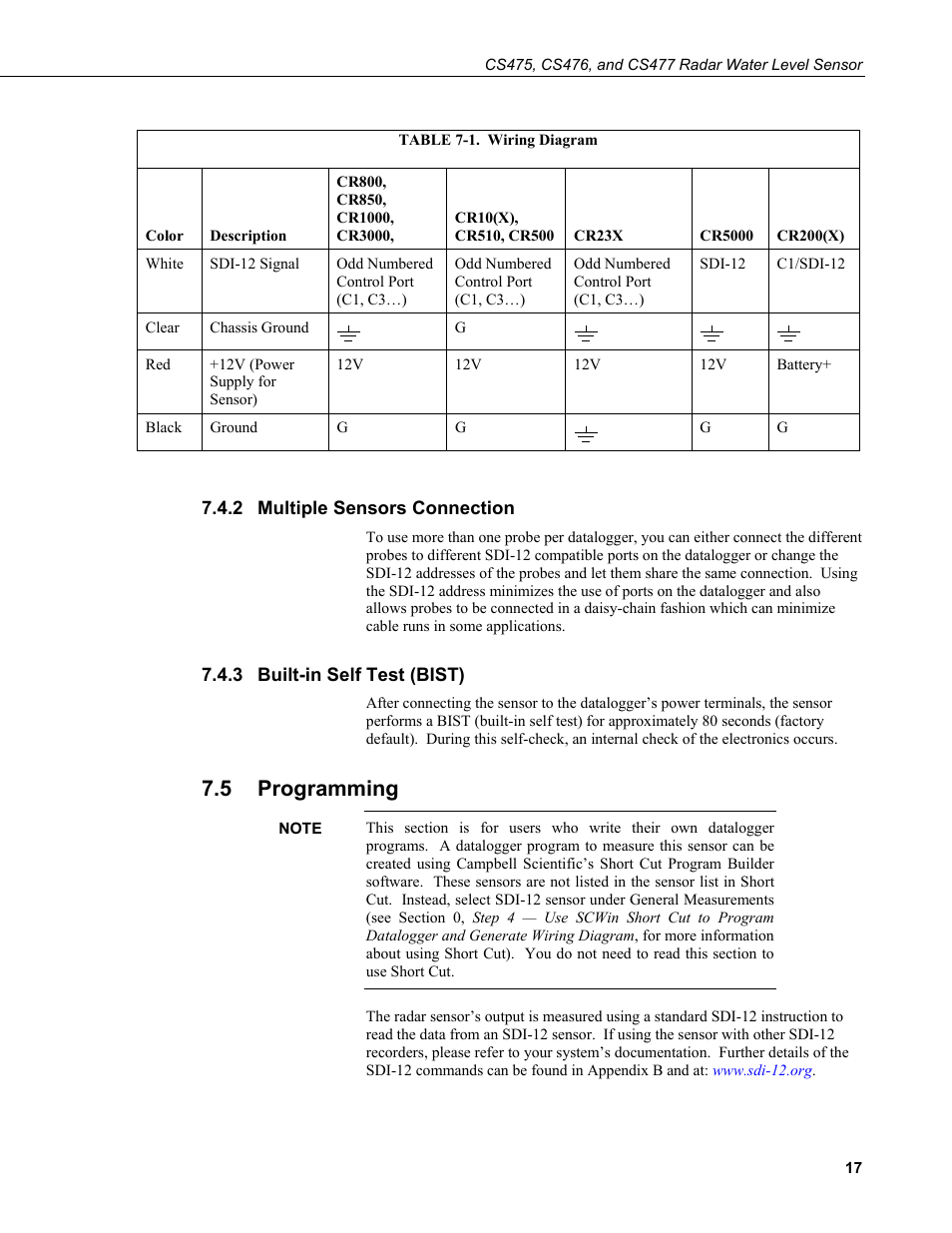 2 multiple sensors connection, 3 built-in self test (bist), 5 programming | Multiple sensors connection, Built-in self test (bist), Programming, 1. wiring, Diagram | Campbell Scientific CS475, CS476, and CS477 Radar Water Level Sensor User Manual | Page 25 / 54