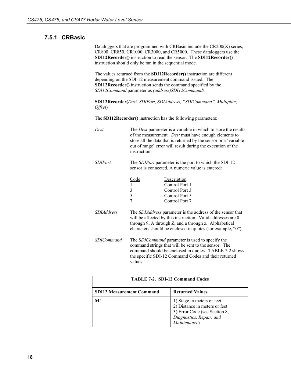 1 crbasic, Crbasic, 2. sdi-12 command codes | Campbell Scientific CS475, CS476, and CS477 Radar Water Level Sensor User Manual | Page 26 / 54