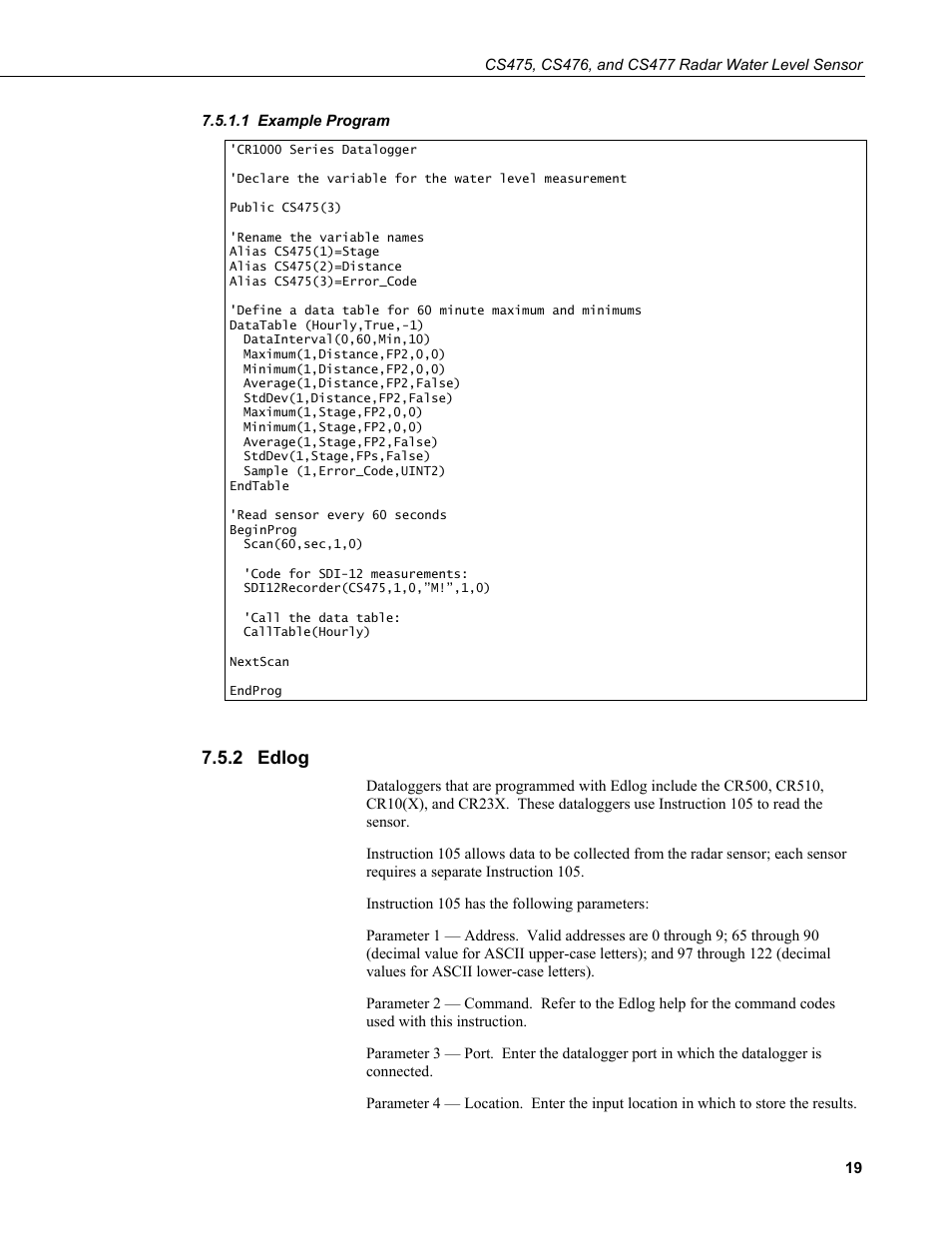 1 example program, 2 edlog, Example program | Edlog | Campbell Scientific CS475, CS476, and CS477 Radar Water Level Sensor User Manual | Page 27 / 54
