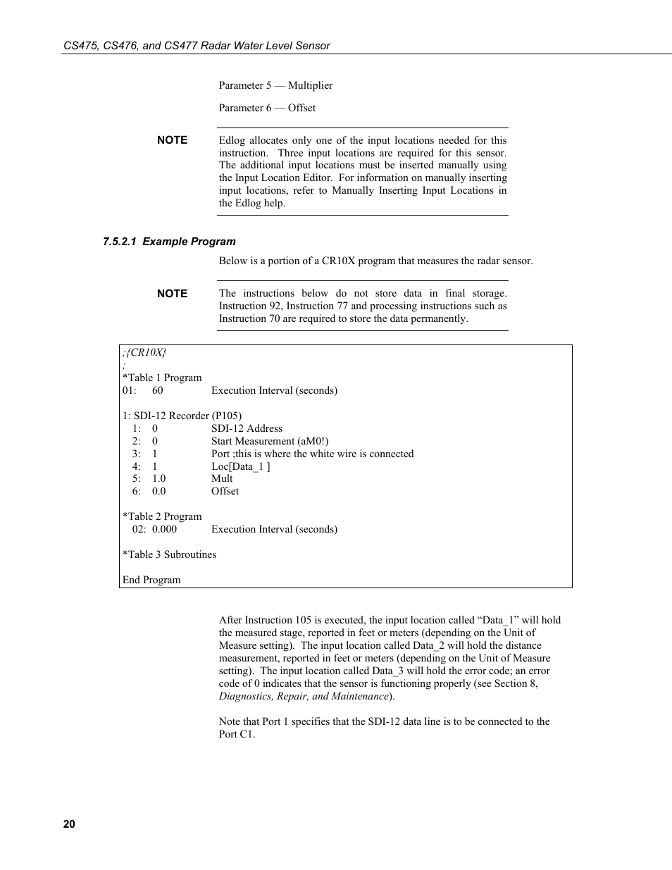 1 example program, Example program | Campbell Scientific CS475, CS476, and CS477 Radar Water Level Sensor User Manual | Page 28 / 54