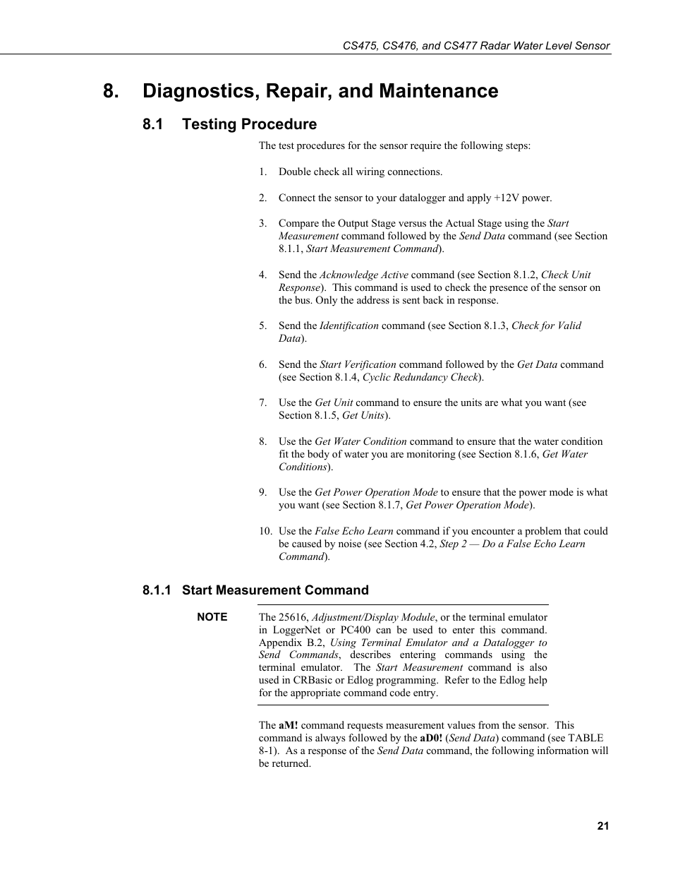 Diagnostics, repair, and maintenance, 1 testing procedure, 1 start measurement command | Testing procedure, Start measurement command | Campbell Scientific CS475, CS476, and CS477 Radar Water Level Sensor User Manual | Page 29 / 54
