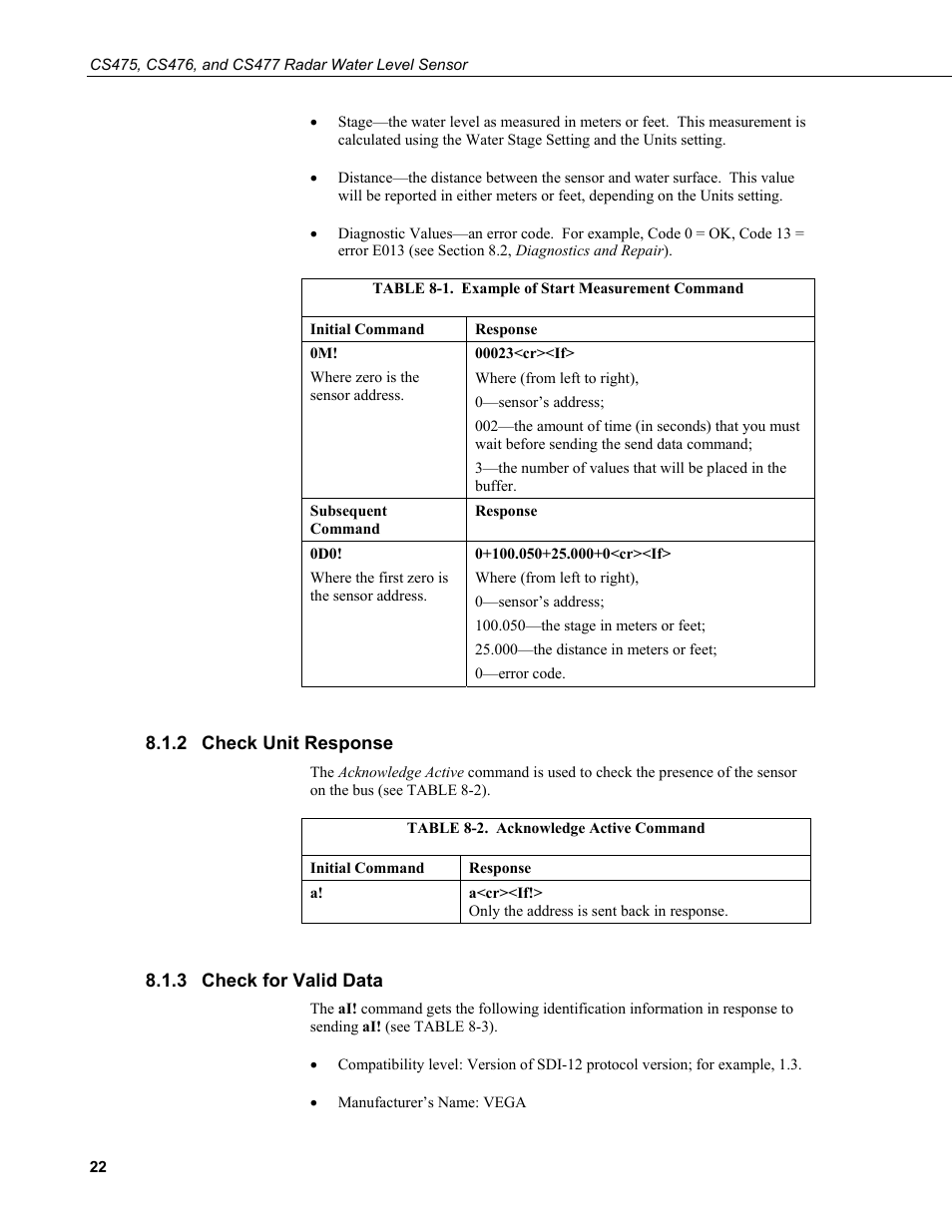 2 check unit response, 3 check for valid data, Check unit response | Check for valid data, 1. example of start measurement command, 2. acknowledge, Active, Command, Section 8.1.3, See table 8-1) | Campbell Scientific CS475, CS476, and CS477 Radar Water Level Sensor User Manual | Page 30 / 54