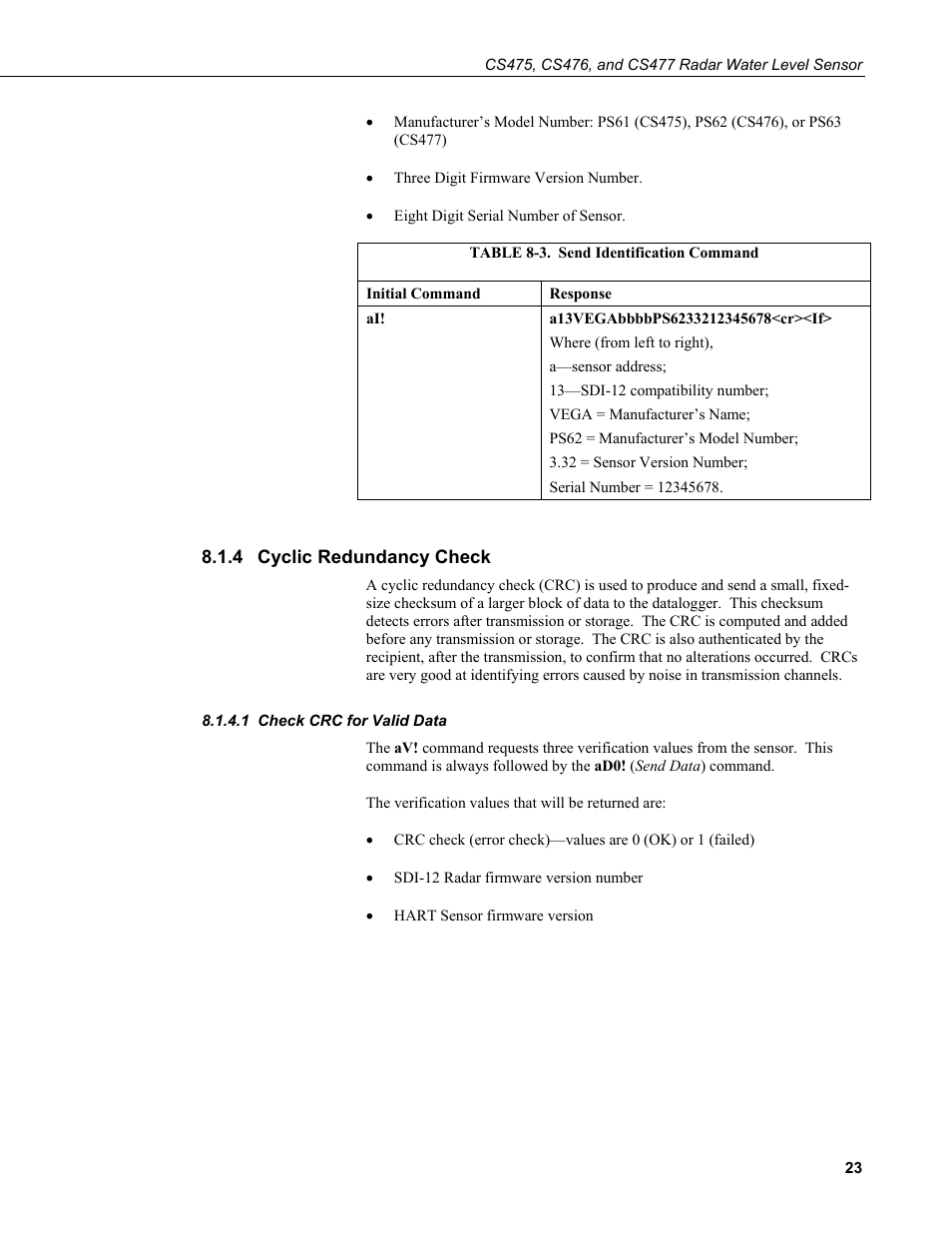 4 cyclic redundancy check, 1 check crc for valid data, Cyclic redundancy check | Check crc for valid data, 3. send, Identification, Command, See section 8.1.4 | Campbell Scientific CS475, CS476, and CS477 Radar Water Level Sensor User Manual | Page 31 / 54