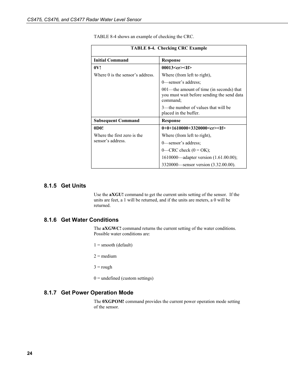 5 get units, 6 get water conditions, 7 get power operation mode | Get units, Get water conditions, Get power operation mode, 4. checking, Crc example, N 8.1.6, On 8.1.7 | Campbell Scientific CS475, CS476, and CS477 Radar Water Level Sensor User Manual | Page 32 / 54