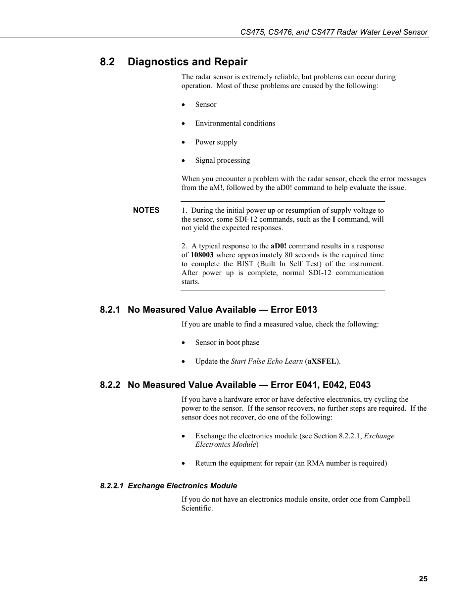 2 diagnostics and repair, 1 no measured value available — error e013, 1 exchange electronics module | Diagnostics and repair, No measured value available — error e013, Exchange electronics module | Campbell Scientific CS475, CS476, and CS477 Radar Water Level Sensor User Manual | Page 33 / 54