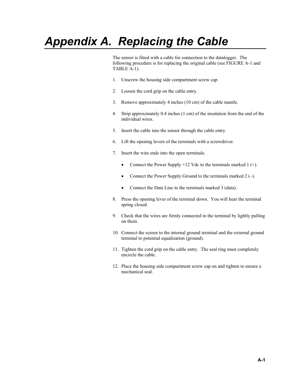 Appendix a. replacing the cable | Campbell Scientific CS475, CS476, and CS477 Radar Water Level Sensor User Manual | Page 37 / 54