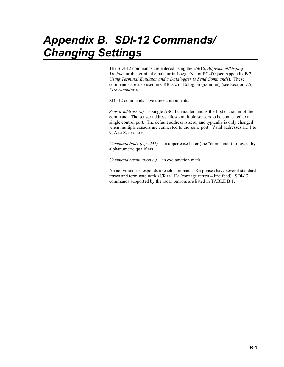 Appendix b. sdi-12 commands/ changing settings, Appendix b, Appendix b de | Campbell Scientific CS475, CS476, and CS477 Radar Water Level Sensor User Manual | Page 39 / 54