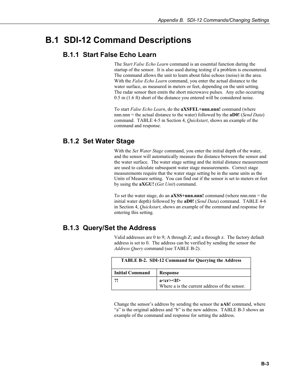 B.1 sdi-12 command descriptions, B.1.1 start false echo learn, B.1.2 set water stage | B.1.3 query/set the address, B.1 sdi-12, Command, B.1.1 start, False, B.1.2 set, B.1.3 query/set | Campbell Scientific CS475, CS476, and CS477 Radar Water Level Sensor User Manual | Page 41 / 54