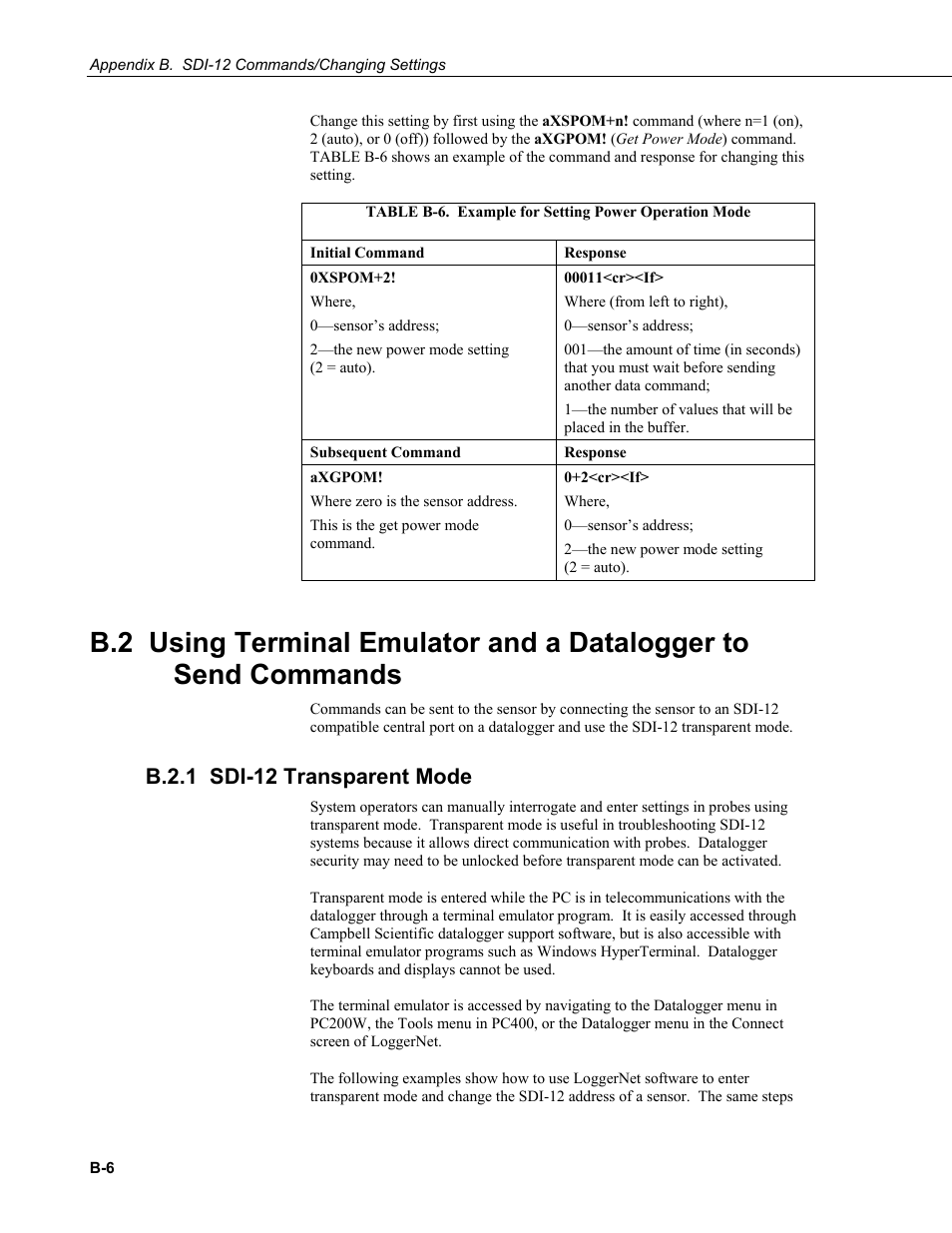 B.2.1 sdi-12 transparent mode, B.2.1 sdi-12 | Campbell Scientific CS475, CS476, and CS477 Radar Water Level Sensor User Manual | Page 44 / 54