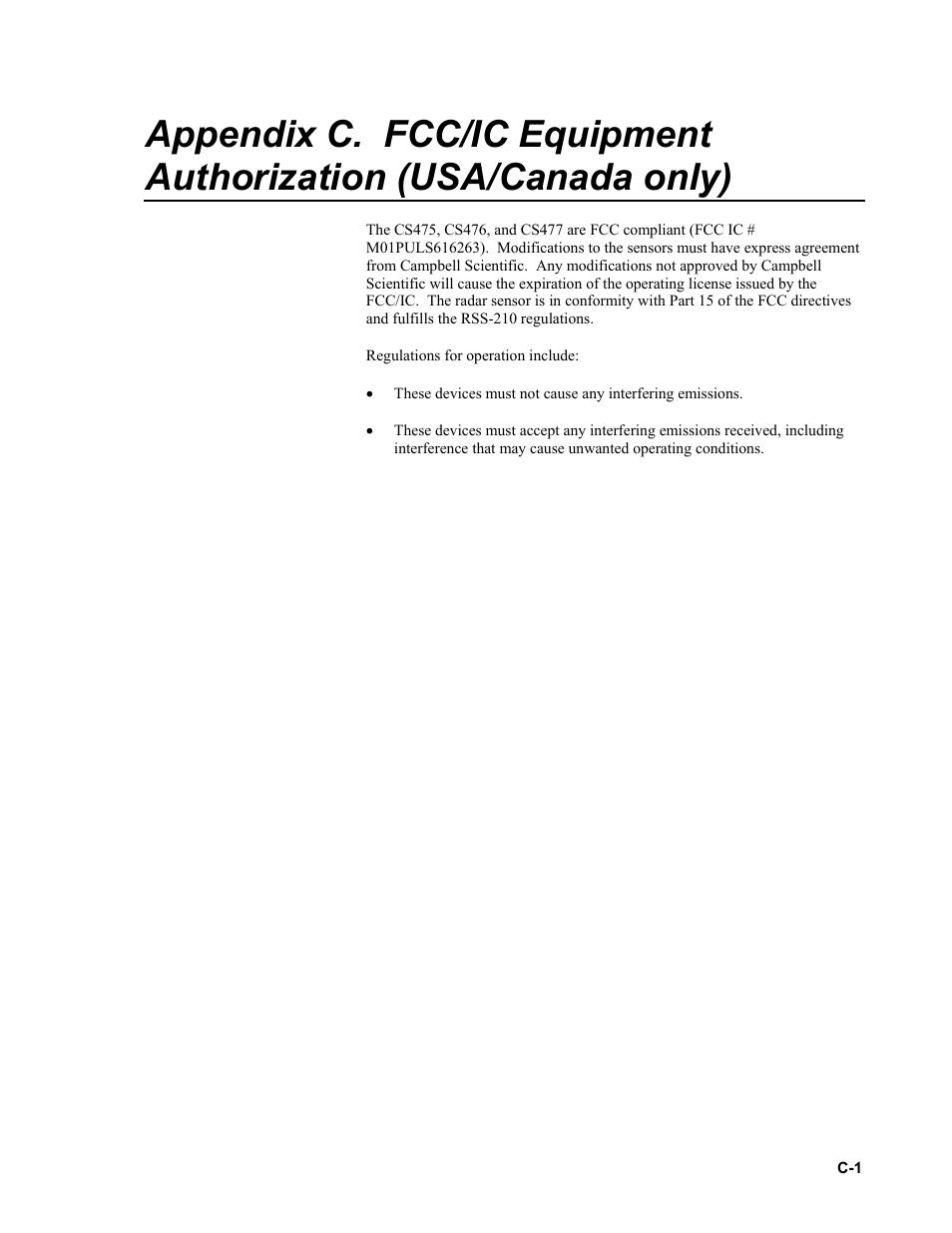 Fcc/ic equipment authorization (usa/canada | Campbell Scientific CS475, CS476, and CS477 Radar Water Level Sensor User Manual | Page 51 / 54