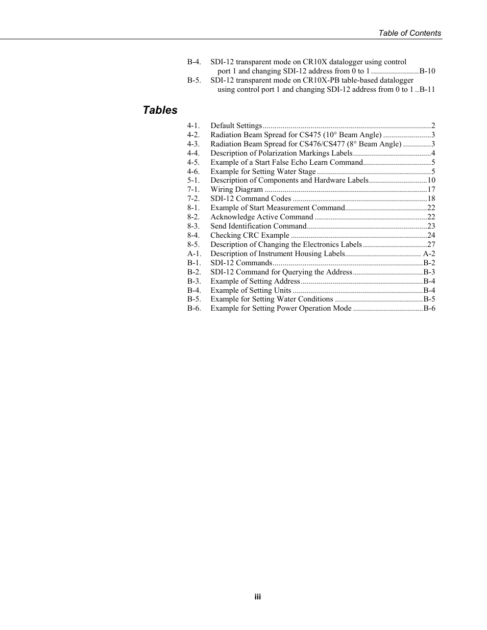 Tables | Campbell Scientific CS475, CS476, and CS477 Radar Water Level Sensor User Manual | Page 7 / 54