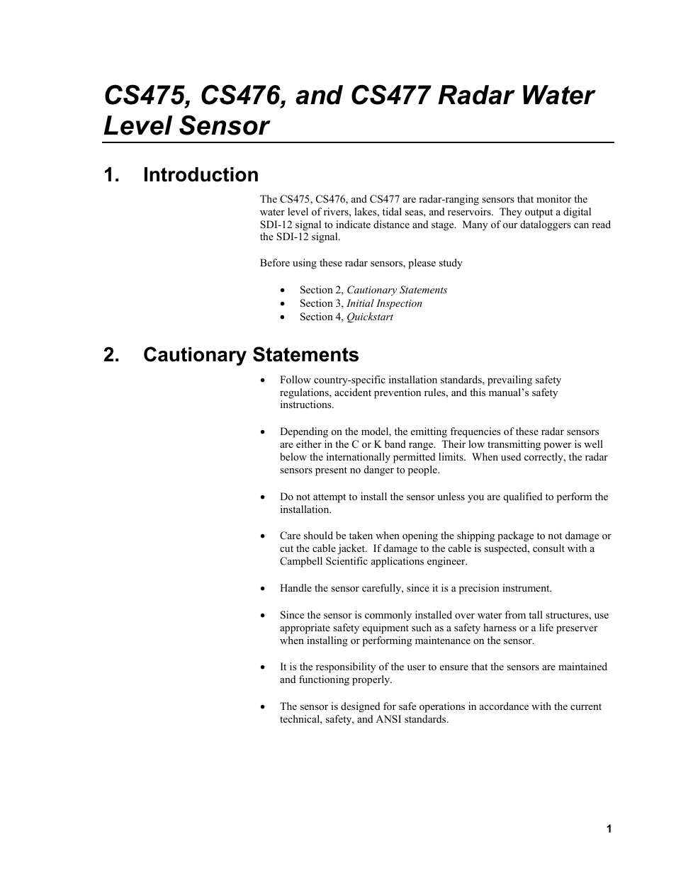 Introduction, Cautionary statements | Campbell Scientific CS475, CS476, and CS477 Radar Water Level Sensor User Manual | Page 9 / 54