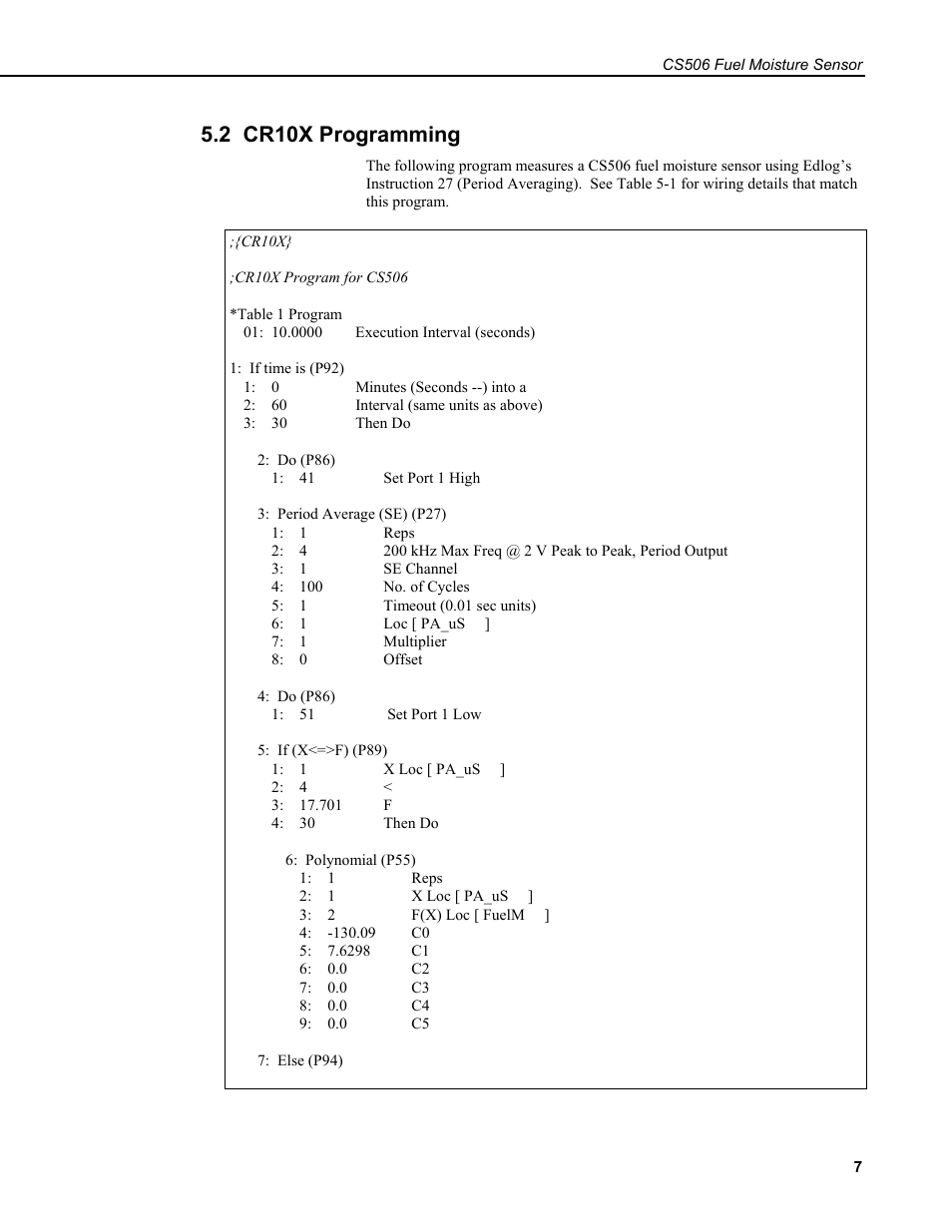 2 cr10x programming | Campbell Scientific CS506 Fuel Moisture Sensor User Manual | Page 13 / 16