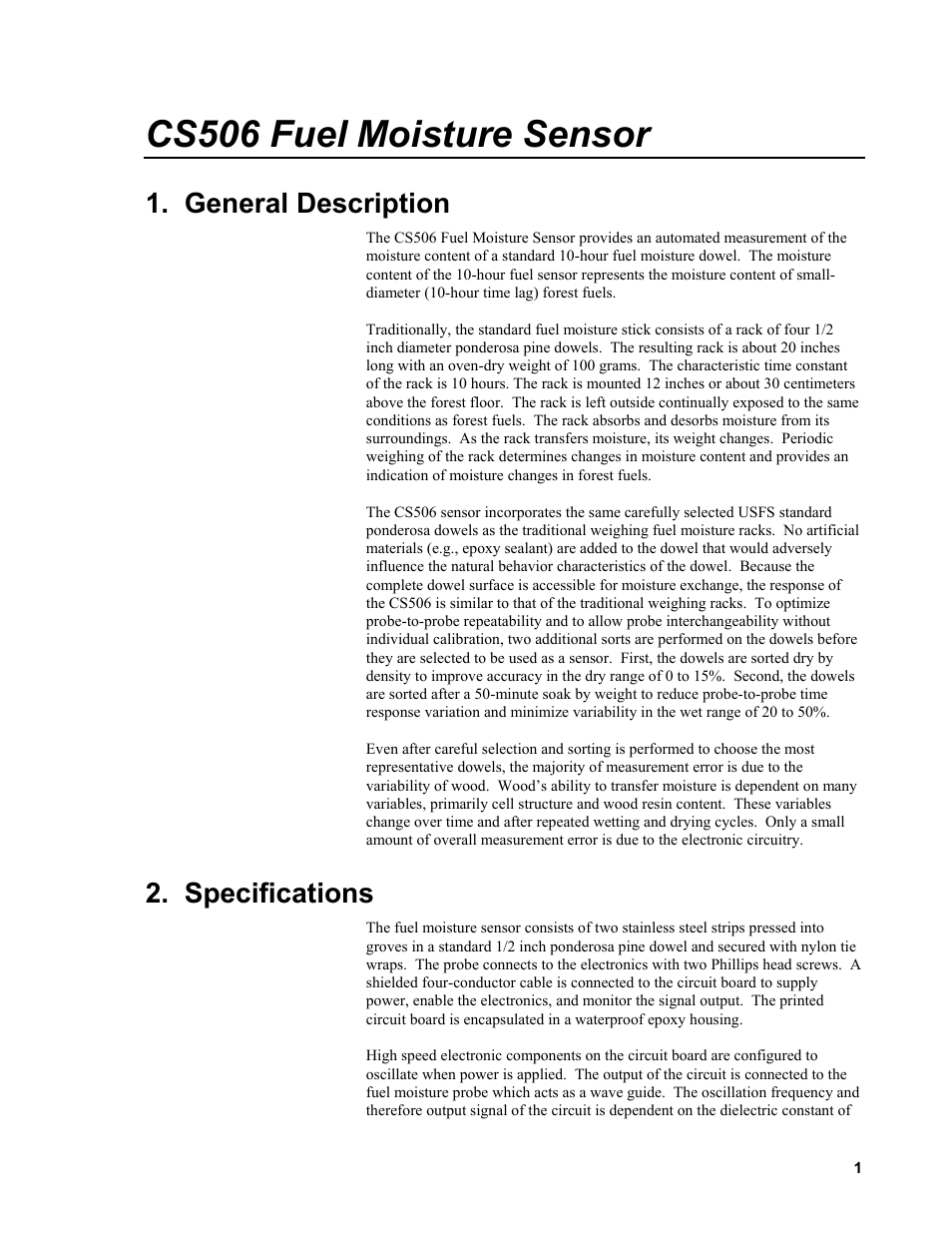 Cs506 fuel moisture sensor, General description, Specifications | Campbell Scientific CS506 Fuel Moisture Sensor User Manual | Page 7 / 16