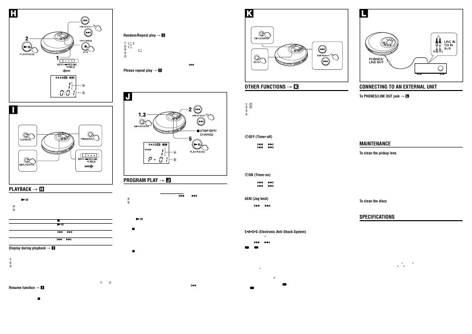 Hi l k, Program play → j, Playback → h | Connecting to an external unit, Maintenance, Specifications, Other functions → k | Aiwa XP-V732 User Manual | Page 2 / 2