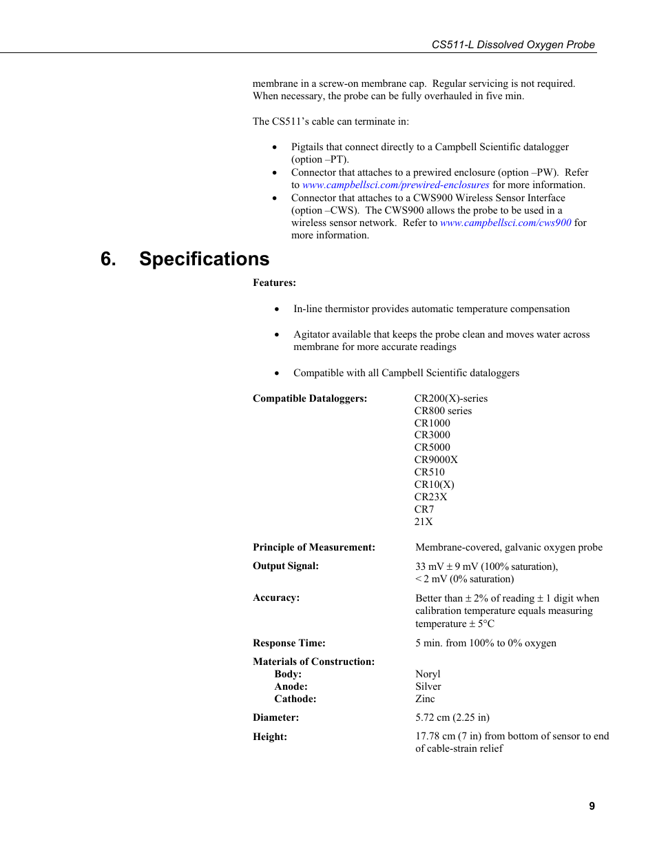Specifications | Campbell Scientific CS511 Dissolved Oxygen Probe User Manual | Page 15 / 38