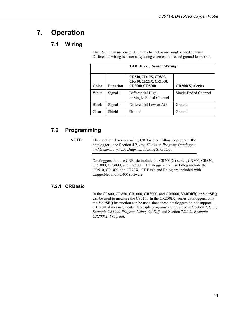 Operation, 1 wiring, 2 programming | 1 crbasic, Wiring, Programming, Crbasic, 1. sensor | Campbell Scientific CS511 Dissolved Oxygen Probe User Manual | Page 17 / 38