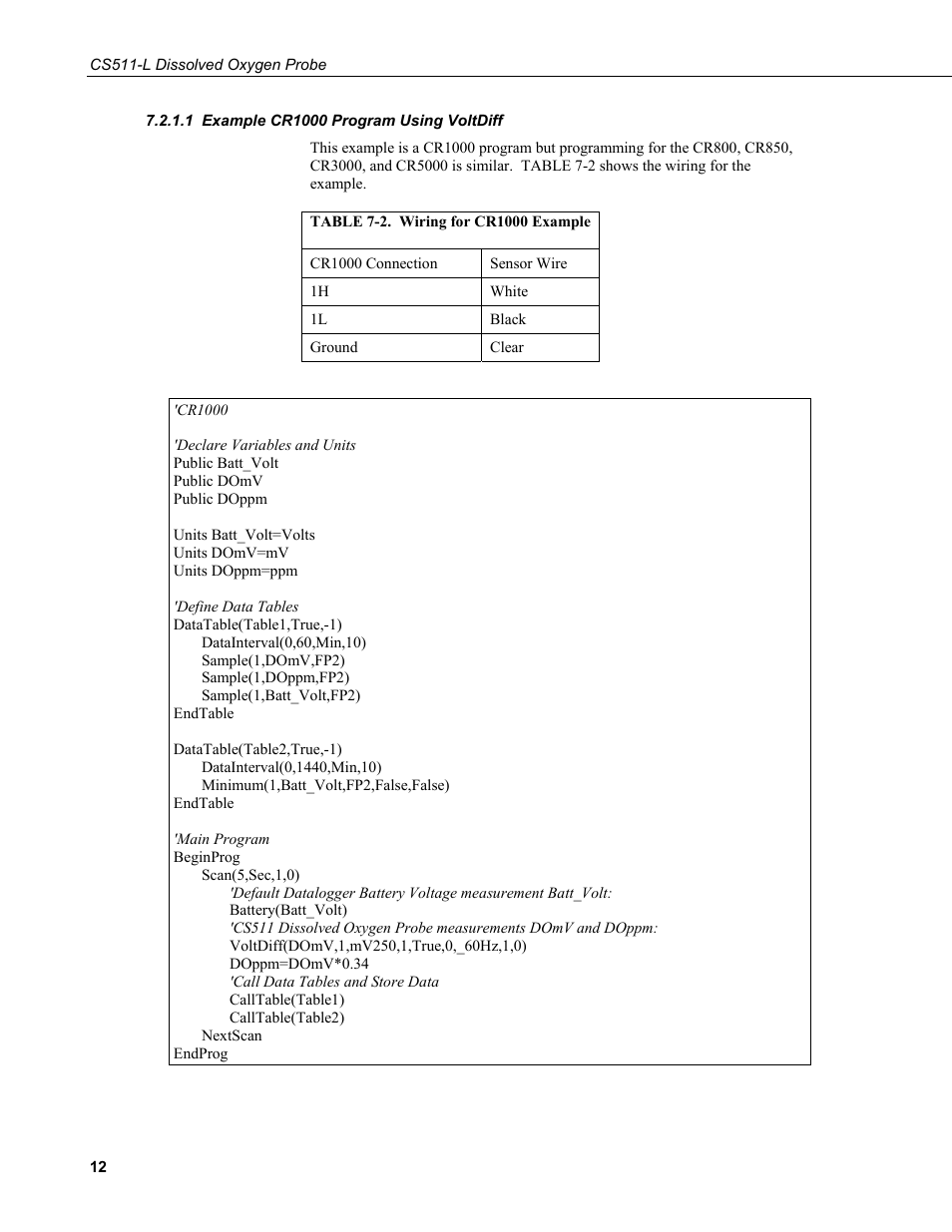 1 example cr1000 program using voltdiff, Example cr1000 program using voltdiff, 2. wiring for example 1 | Campbell Scientific CS511 Dissolved Oxygen Probe User Manual | Page 18 / 38