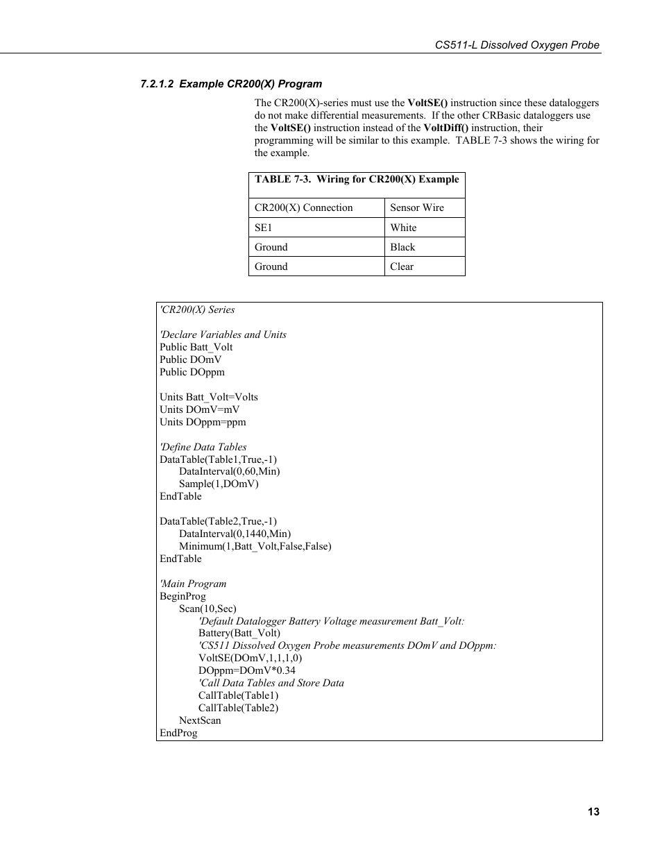 2 example cr200(x) program, Example cr200(x) program, 3. wiring for example 2 | Campbell Scientific CS511 Dissolved Oxygen Probe User Manual | Page 19 / 38