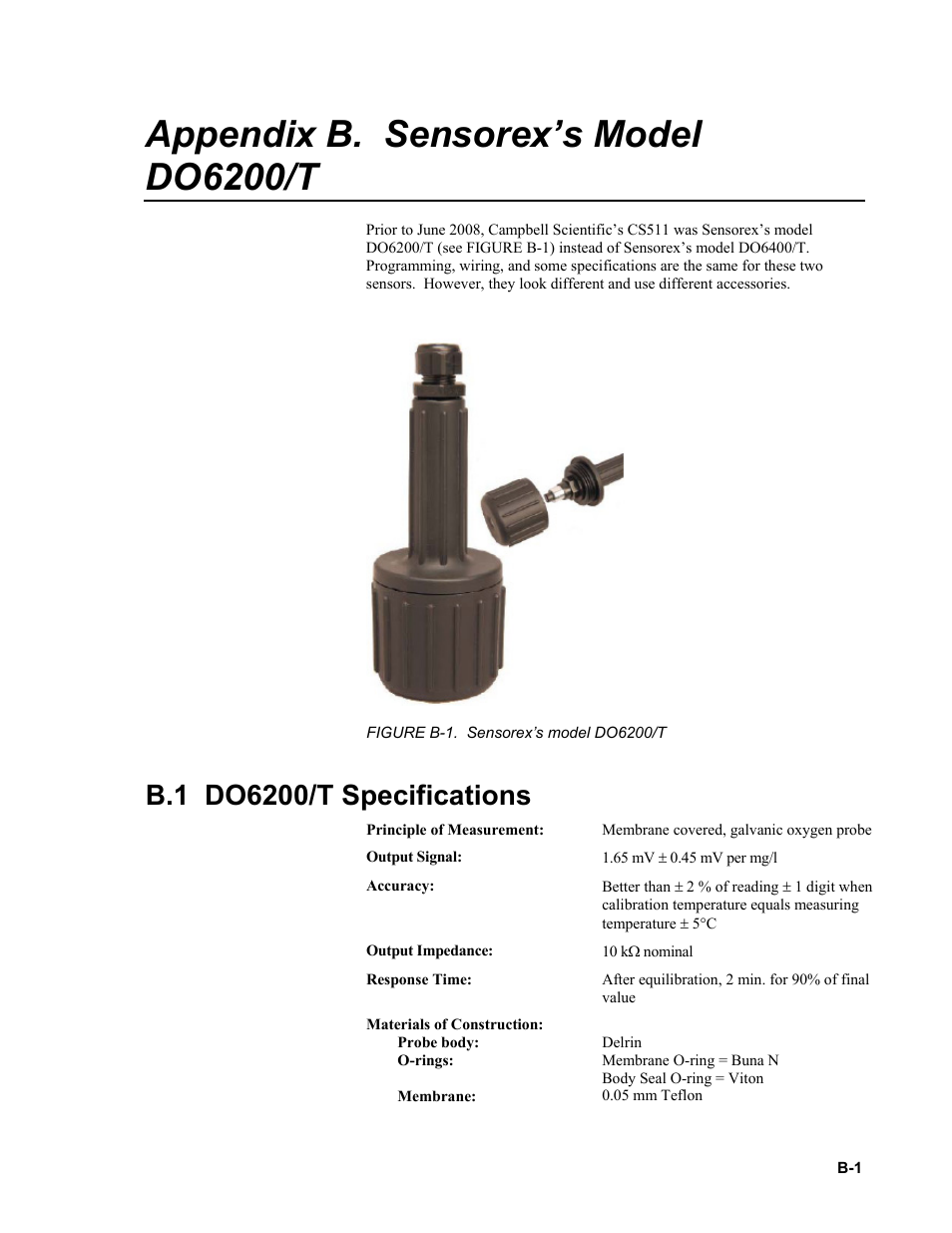 Appendix b. sensorex’s model do6200/t, B.1 do6200/t specifications, B.1 do6200/t | Appendix b, Appendix b) | Campbell Scientific CS511 Dissolved Oxygen Probe User Manual | Page 31 / 38