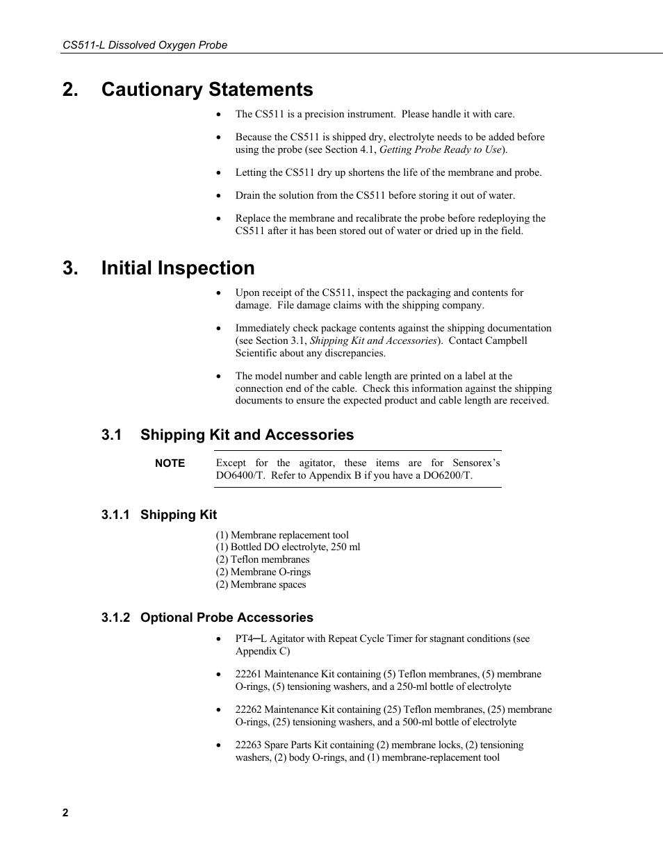 Cautionary statements, Initial inspection, 1 shipping kit and accessories | 1 shipping kit, 2 optional probe accessories, Shipping kit and accessories, Shipping kit, Optional probe accessories | Campbell Scientific CS511 Dissolved Oxygen Probe User Manual | Page 8 / 38