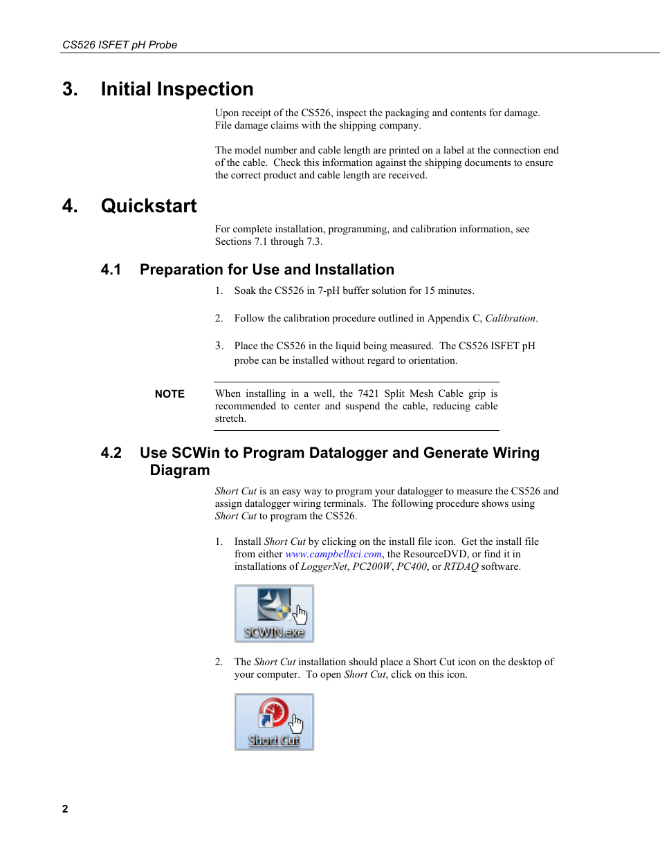 Initial inspection, Quickstart, 1 preparation for use and installation | Preparation for use and installation | Campbell Scientific CS526 ISFET pH Probe User Manual | Page 10 / 28