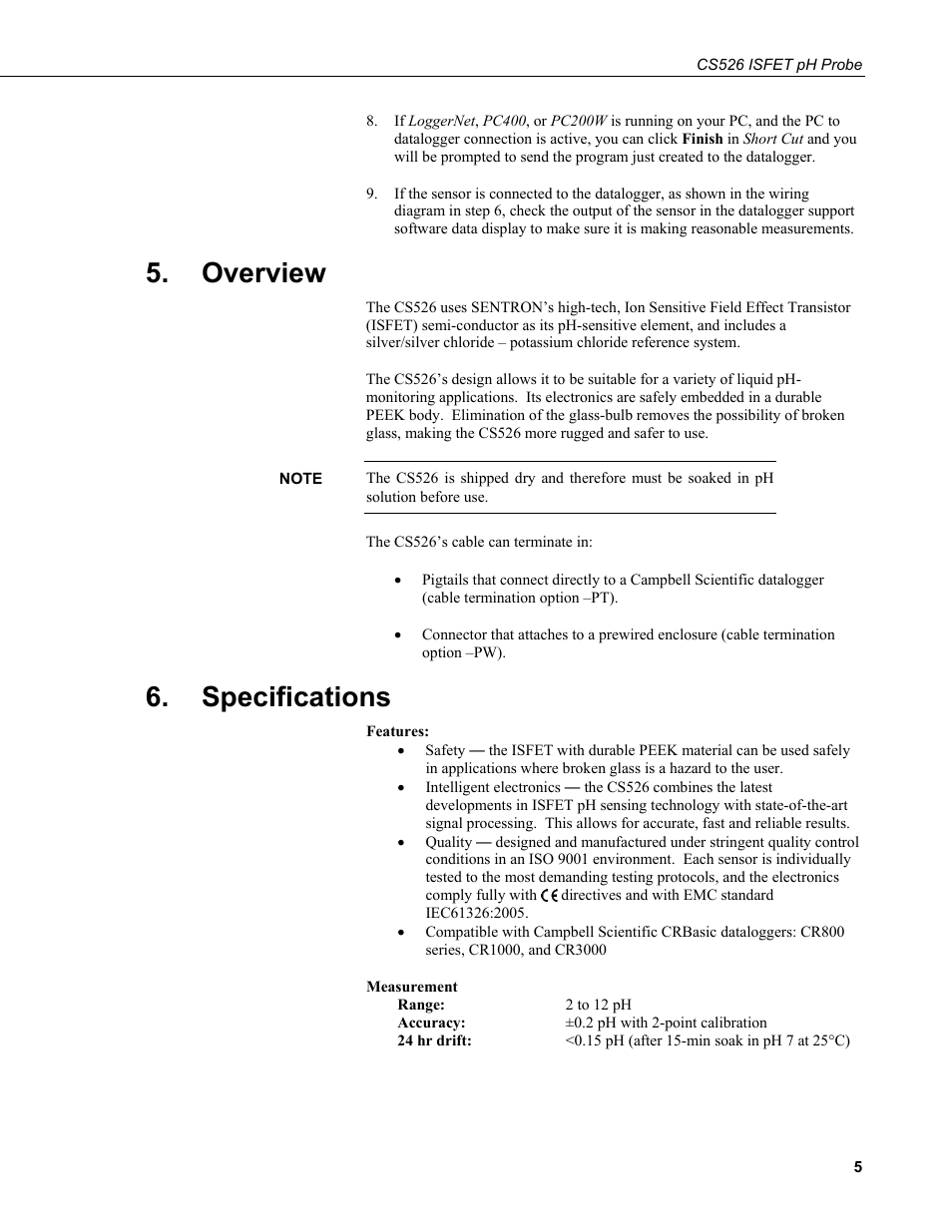 Overview, Specifications | Campbell Scientific CS526 ISFET pH Probe User Manual | Page 13 / 28