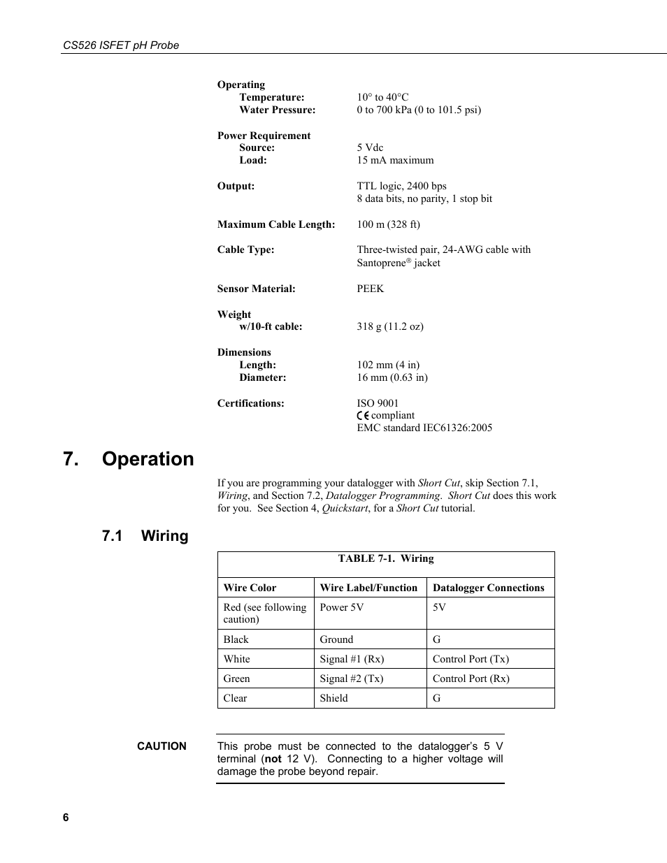 Operation, 1 wiring, Wiring | 1. wiring | Campbell Scientific CS526 ISFET pH Probe User Manual | Page 14 / 28