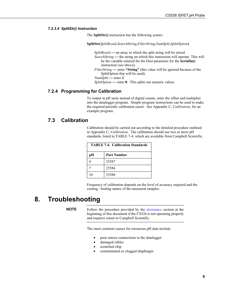 4 splitstr() instruction, 4 programming for calibration, 3 calibration | Troubleshooting, Splitstr() instruction, Programming for calibration, Calibration, 4. calibration standards | Campbell Scientific CS526 ISFET pH Probe User Manual | Page 17 / 28