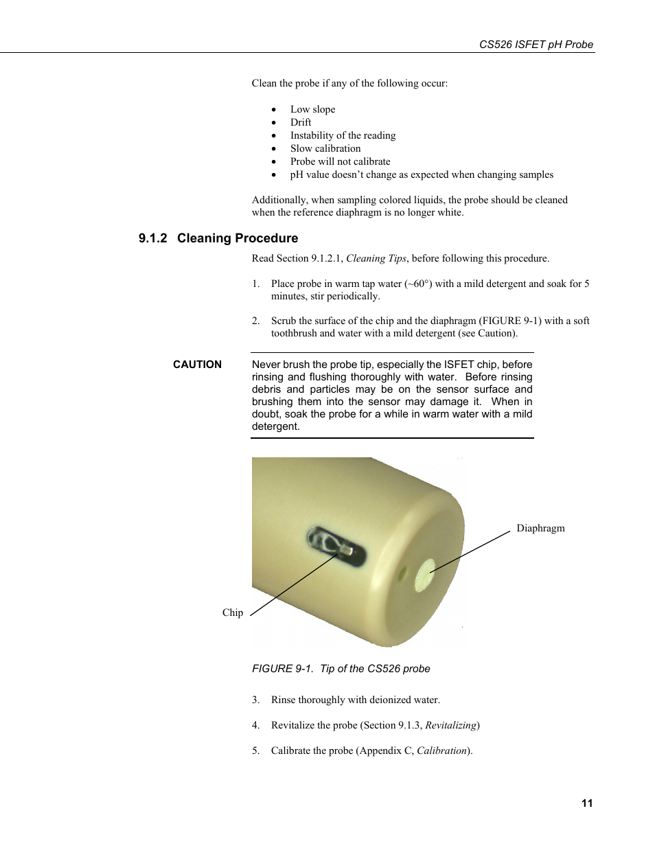 2 cleaning procedure, Cleaning procedure, 1. tip of the cs526 probe | Campbell Scientific CS526 ISFET pH Probe User Manual | Page 19 / 28