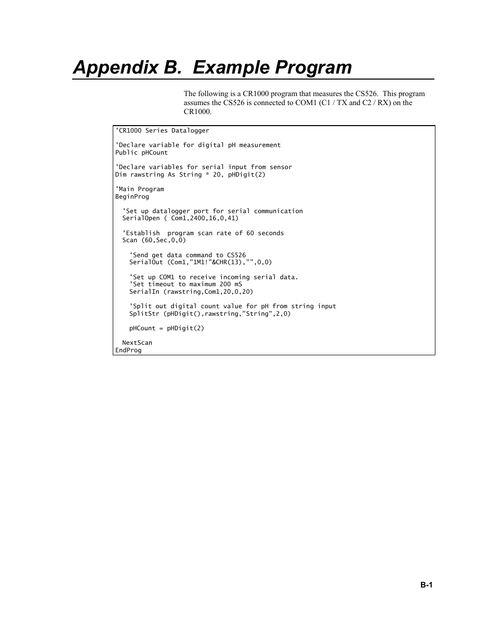 Appendix b. example program, N appendix b | Campbell Scientific CS526 ISFET pH Probe User Manual | Page 23 / 28