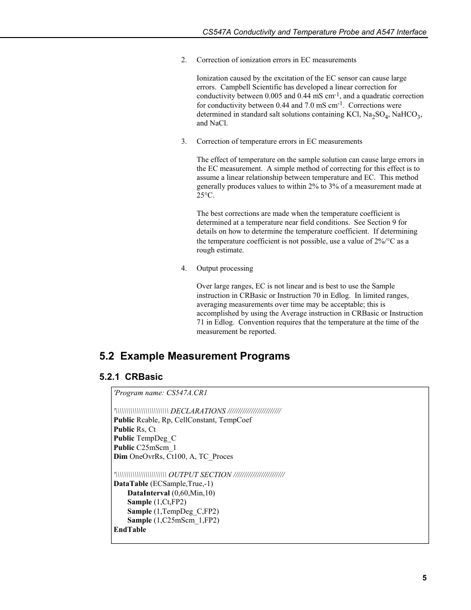 2 example measurement programs, 1 crbasic | Campbell Scientific CS547A-L Conductivity/Temperature Probe and A547A Interface User Manual | Page 11 / 30