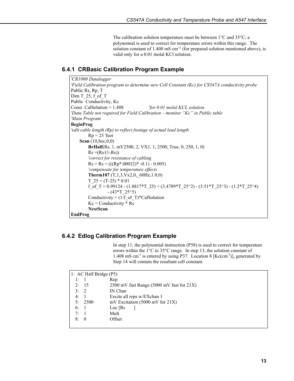 1 crbasic calibration program example, 2 edlog calibration program example | Campbell Scientific CS547A-L Conductivity/Temperature Probe and A547A Interface User Manual | Page 19 / 30