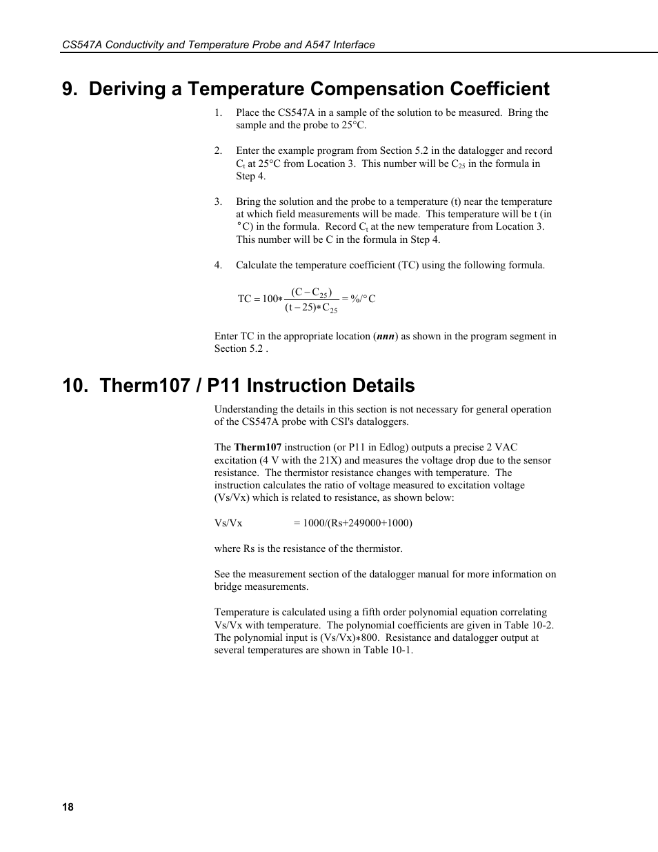 Deriving a temperature compensation coefficient, Therm107 / p11 instruction details | Campbell Scientific CS547A-L Conductivity/Temperature Probe and A547A Interface User Manual | Page 24 / 30