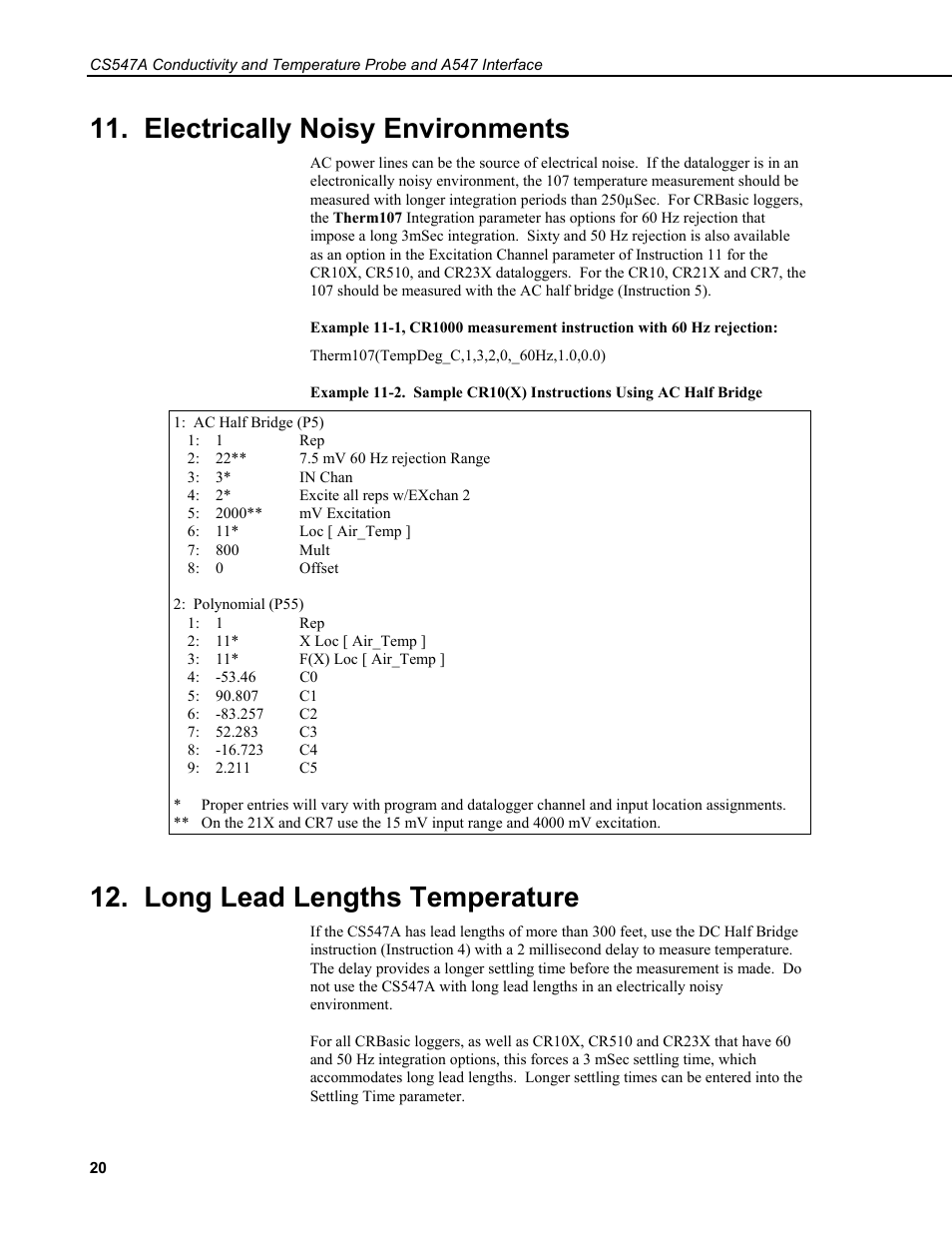 Electrically noisy environments, Long lead lengths temperature | Campbell Scientific CS547A-L Conductivity/Temperature Probe and A547A Interface User Manual | Page 26 / 30