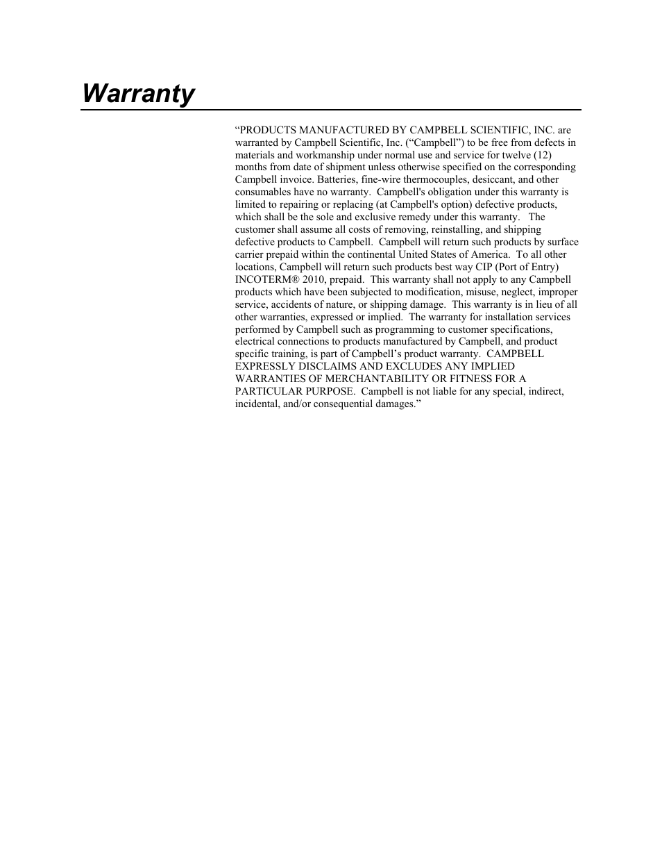 Warranty | Campbell Scientific CS547A-L Conductivity/Temperature Probe and A547A Interface User Manual | Page 3 / 30