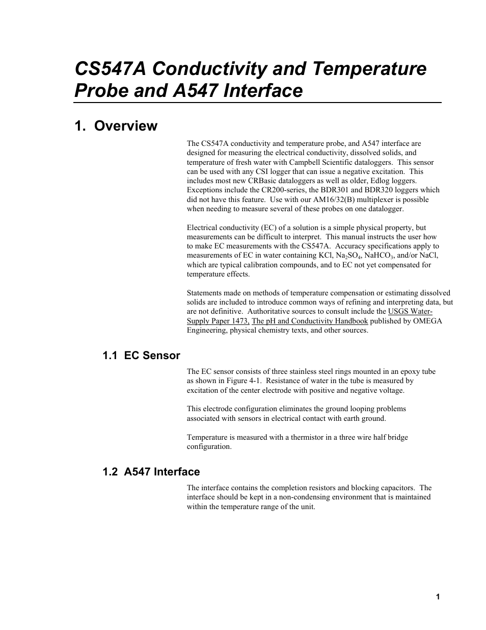 Overview, 1 ec sensor, 2 a547 interface | Campbell Scientific CS547A-L Conductivity/Temperature Probe and A547A Interface User Manual | Page 7 / 30