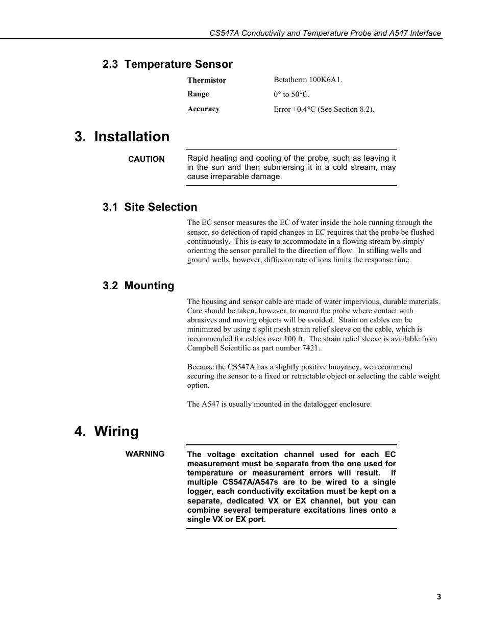 3 temperature sensor, Installation, 1 site selection | 2 mounting, Wiring | Campbell Scientific CS547A-L Conductivity/Temperature Probe and A547A Interface User Manual | Page 9 / 30
