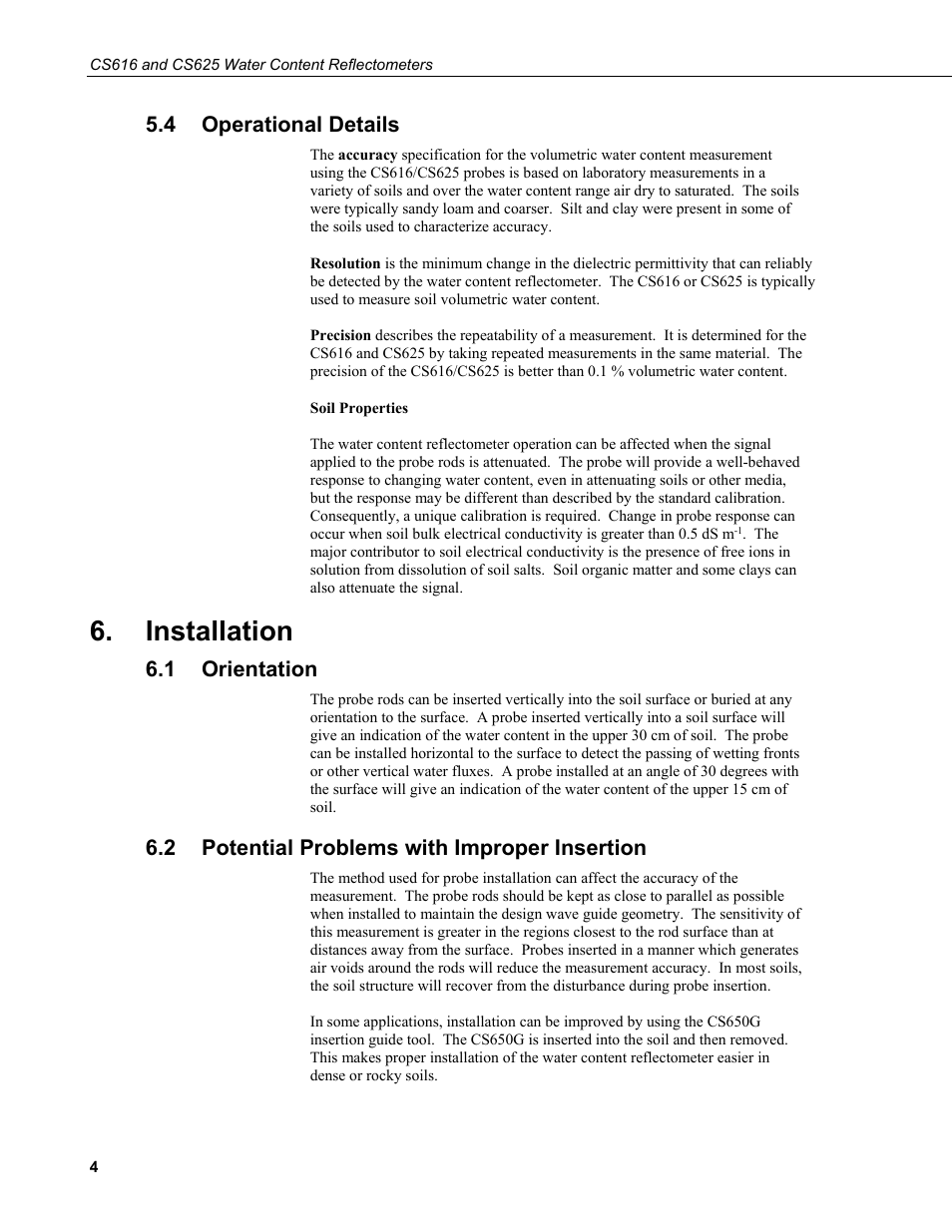 4 operational details, Installation, 1 orientation | 2 potential problems with improper insertion, Operational details, Orientation, Potential problems with improper insertion | Campbell Scientific CS616 and CS625 Water Content Reflectometers User Manual | Page 10 / 50