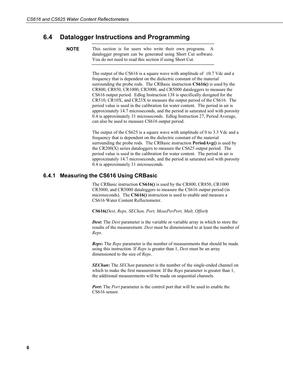 4 datalogger instructions and programming, 1 measuring the cs616 using crbasic, Datalogger instructions and programming | Measuring the cs616 using crbasic | Campbell Scientific CS616 and CS625 Water Content Reflectometers User Manual | Page 12 / 50