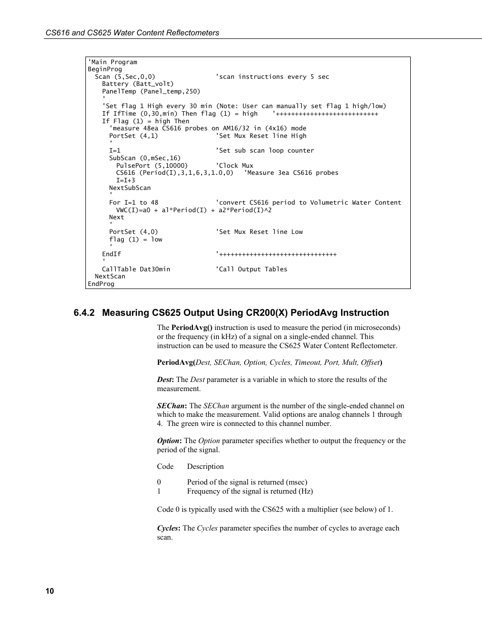 Measuring cs625 output using cr200(x) periodavg, Instruction | Campbell Scientific CS616 and CS625 Water Content Reflectometers User Manual | Page 16 / 50