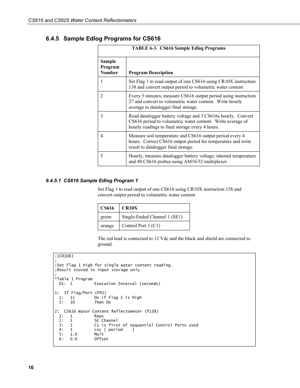 5 sample edlog programs for cs616, 1 cs616 sample edlog program 1, Sample edlog programs for cs616 | Cs616 sample edlog program 1, 3. cs616 sample edlog programs | Campbell Scientific CS616 and CS625 Water Content Reflectometers User Manual | Page 22 / 50