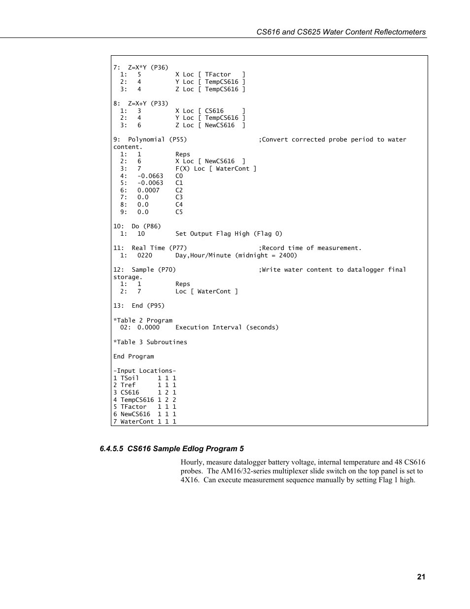 5 cs616 sample edlog program 5, Cs616 sample edlog program 5 | Campbell Scientific CS616 and CS625 Water Content Reflectometers User Manual | Page 27 / 50