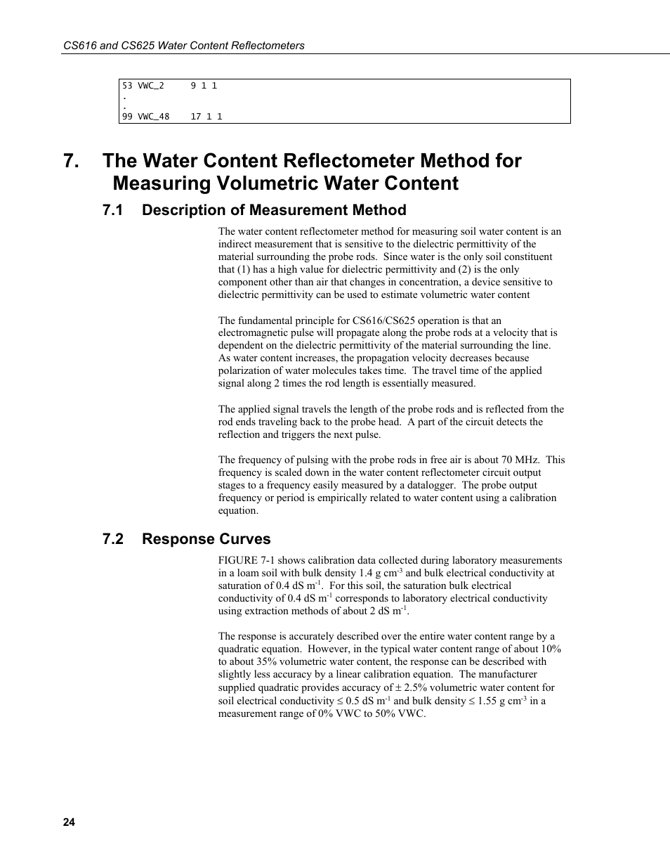 1 description of measurement method, 2 response curves, The water content reflectometer method for | Measuring volumetric water content, Description of measurement method, Response curves | Campbell Scientific CS616 and CS625 Water Content Reflectometers User Manual | Page 30 / 50