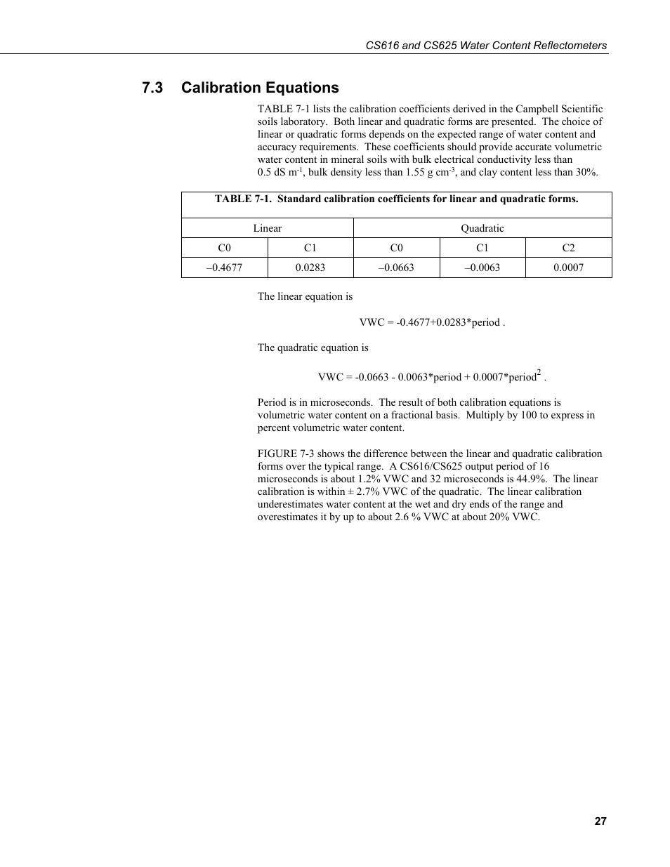 3 calibration equations, Calibration equations | Campbell Scientific CS616 and CS625 Water Content Reflectometers User Manual | Page 33 / 50