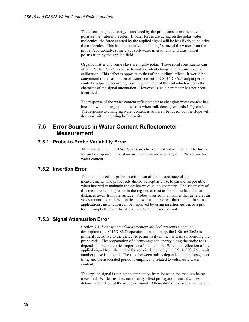1 probe-to-probe variability error, 2 insertion error, 3 signal attenuation error | Probe-to-probe variability error, Insertion error, Signal attenuation error | Campbell Scientific CS616 and CS625 Water Content Reflectometers User Manual | Page 36 / 50