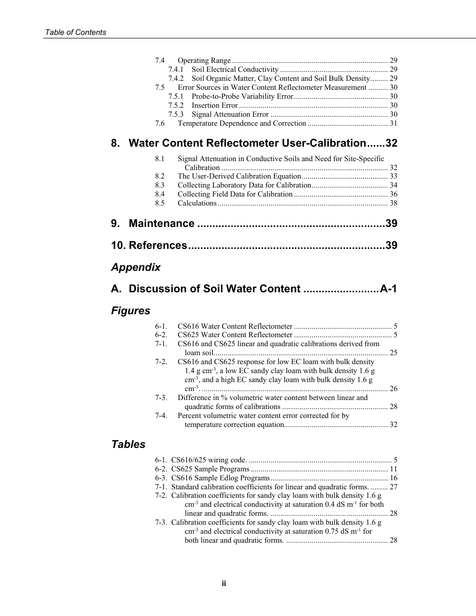 Water content reflectometer user-calibration, Maintenance, References | Appendix a, Figures, Tables | Campbell Scientific CS616 and CS625 Water Content Reflectometers User Manual | Page 6 / 50