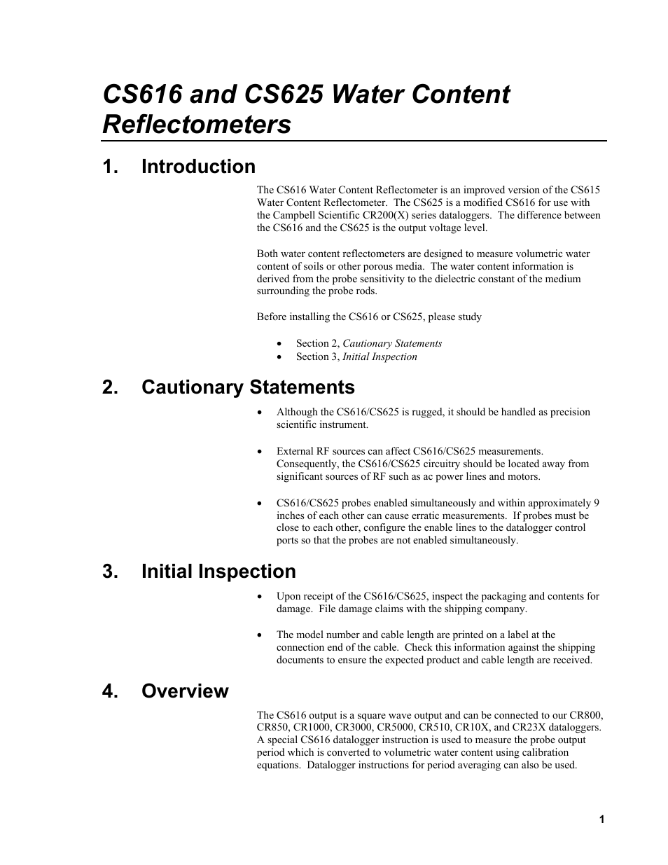 Introduction, Cautionary statements, Initial inspection | Overview | Campbell Scientific CS616 and CS625 Water Content Reflectometers User Manual | Page 7 / 50